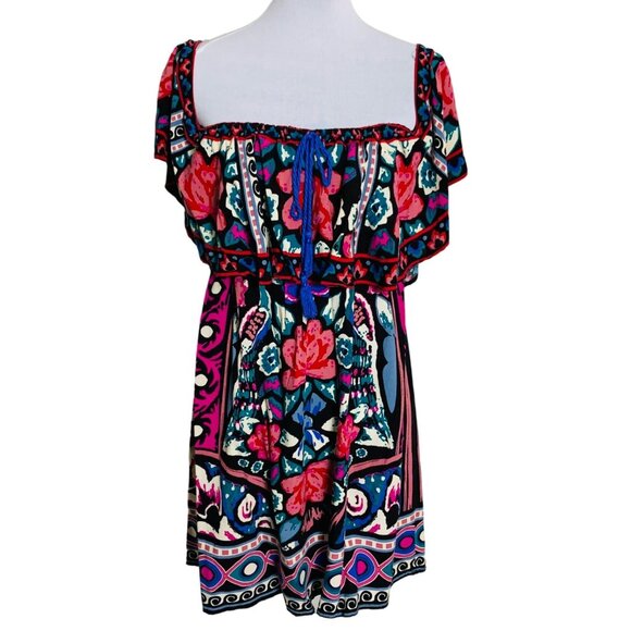 Flying Tomato Boho Floral Off Shoulder Tunic Dress Size M Tassels Mini Coachella - Picture 10 of 11